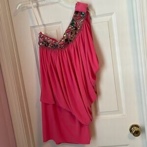 Jovani pink one shoulder dress with heavy beading and chains size 4